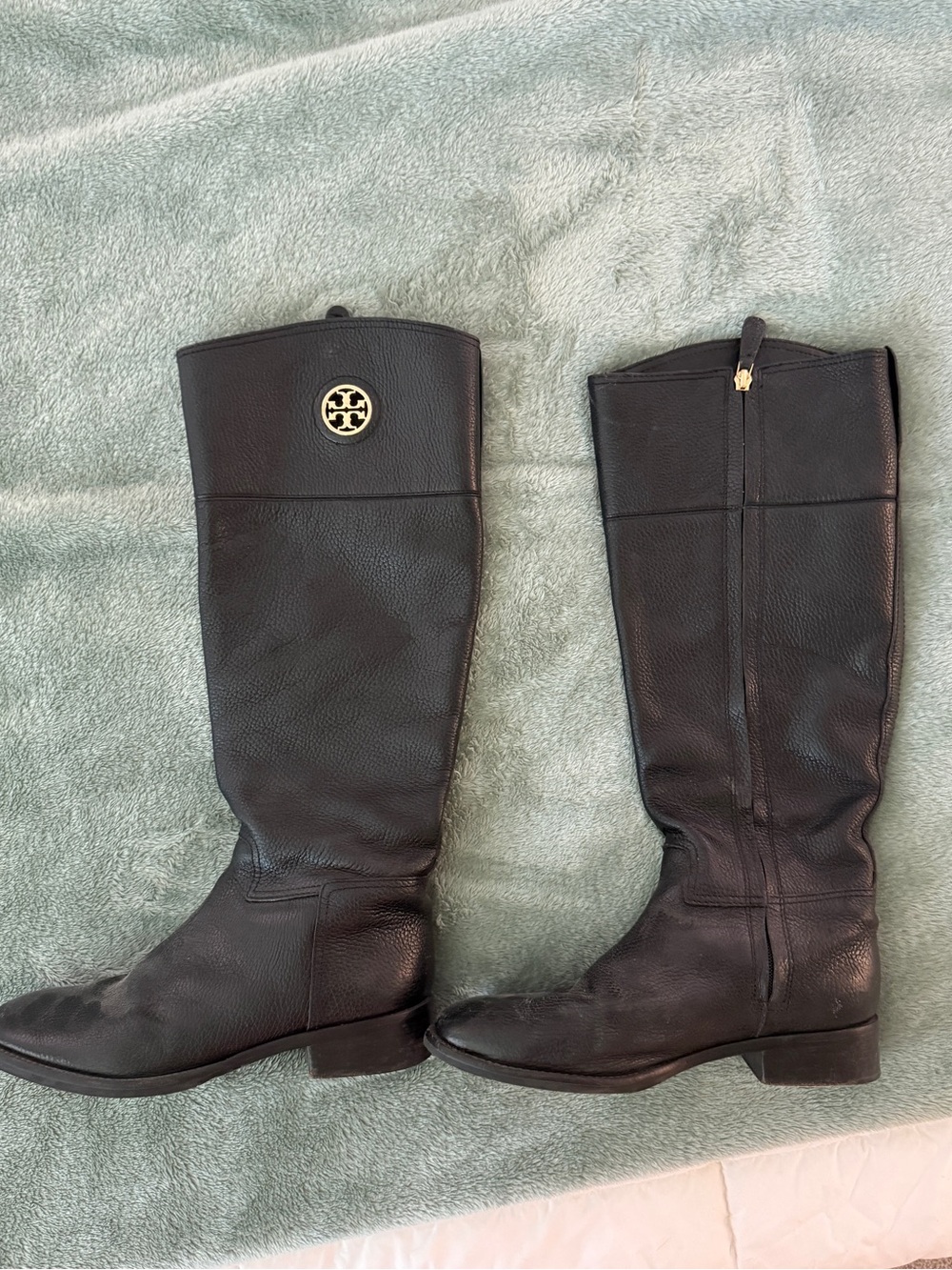 Tory Burch Black Leather Knee-High Riding Boots with Gold Logo